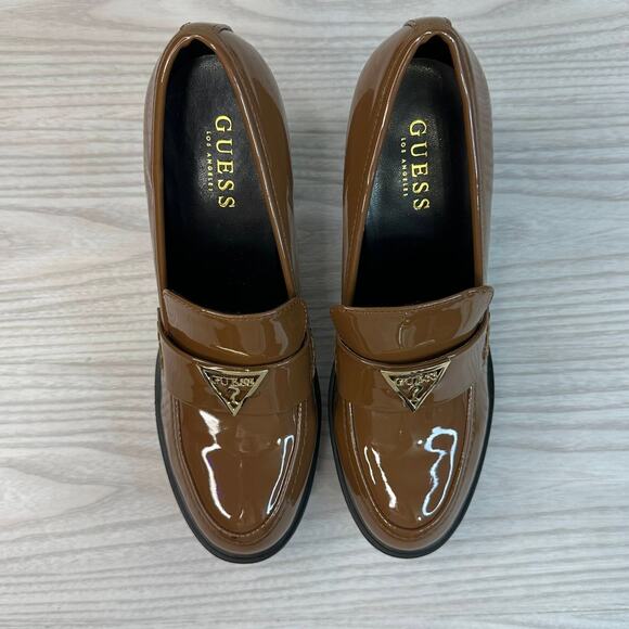 Guess Keaton Embers Loafer Heels WMNS 8.5 Brown Patent Leather Platform Slip On - Picture 7 of 9